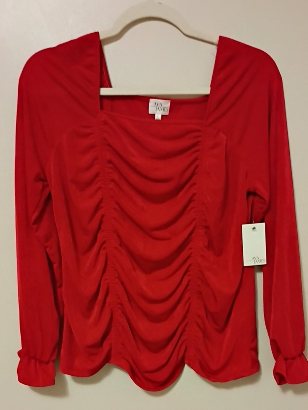 Ava James Ruched Square-Neck Long-Sleeve Blouse in Red Large